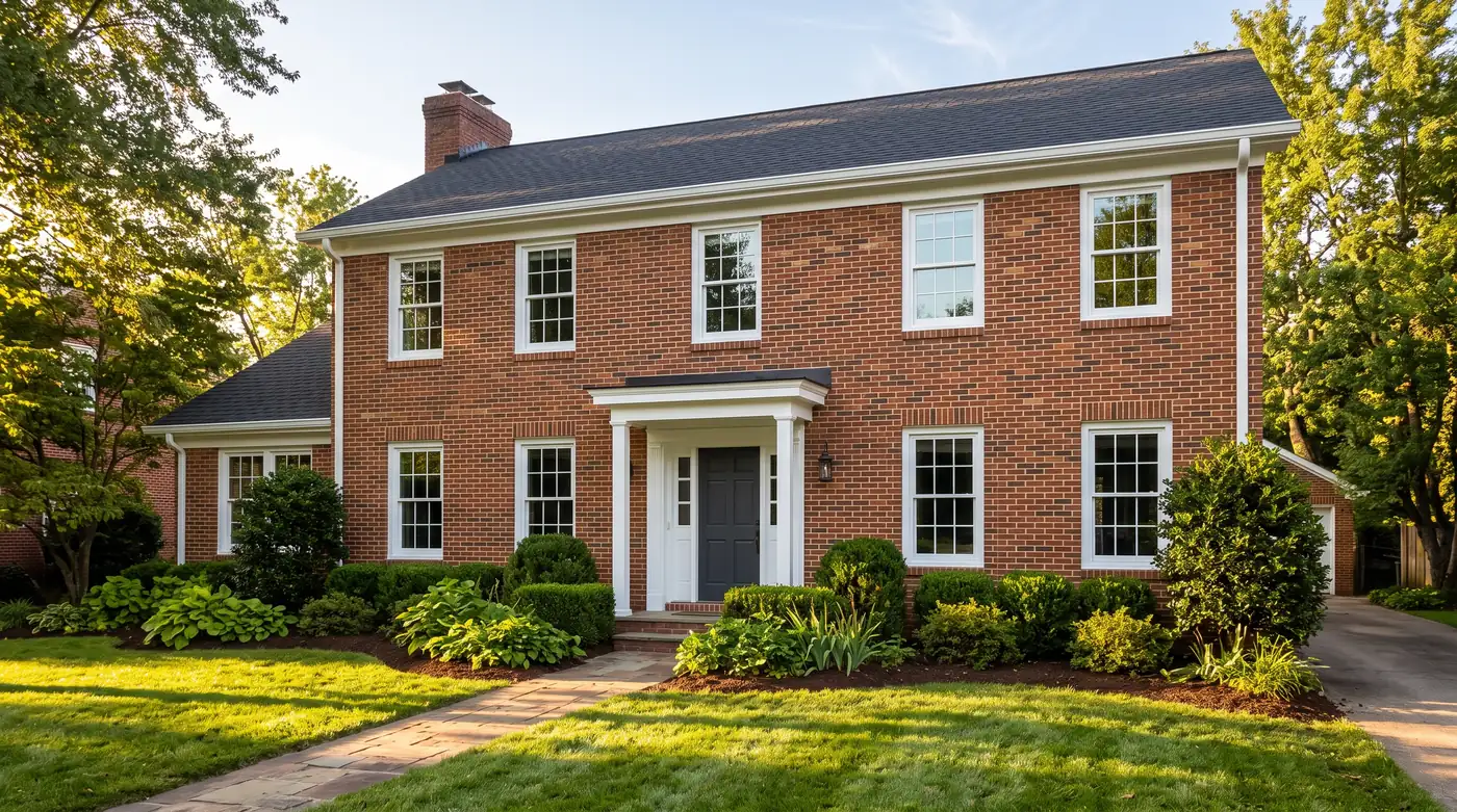 A handsome brick two-story home with a full set of new crisp white double-hung replacement windows, clean trim and green shrubs, bright afternoon light, no people