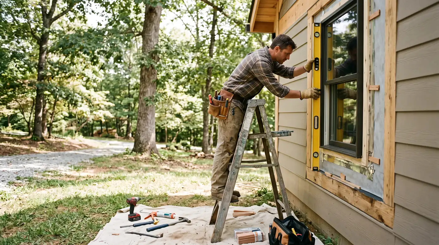 An installer carefully setting a new window into a framed opening from outside on a Tennessee home, using a level, with tools neatly laid out, bright natural light