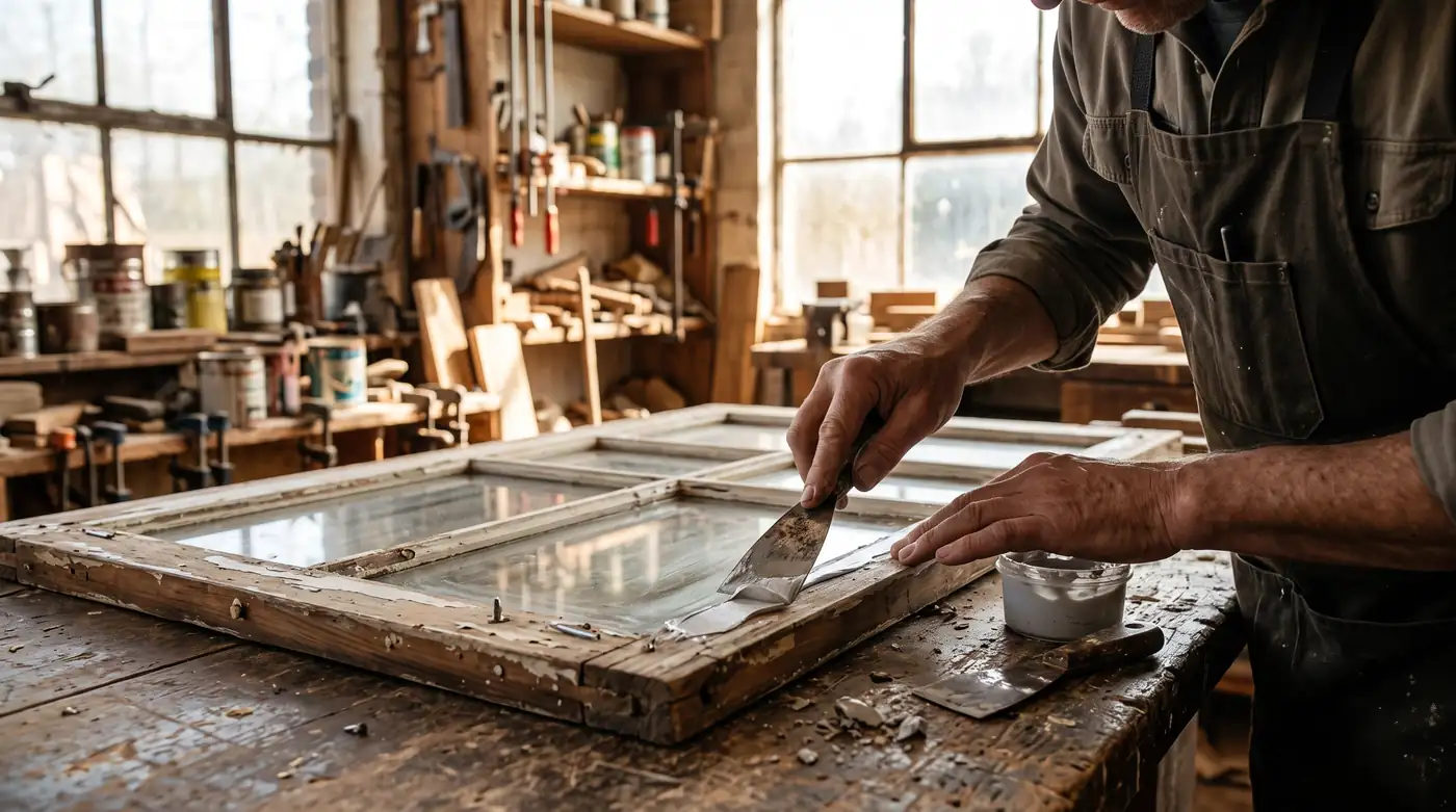 A craftsperson repairing a wood window sash with a putty knife and fresh glazing in a bright workshop-like setting, sunlight on the glass