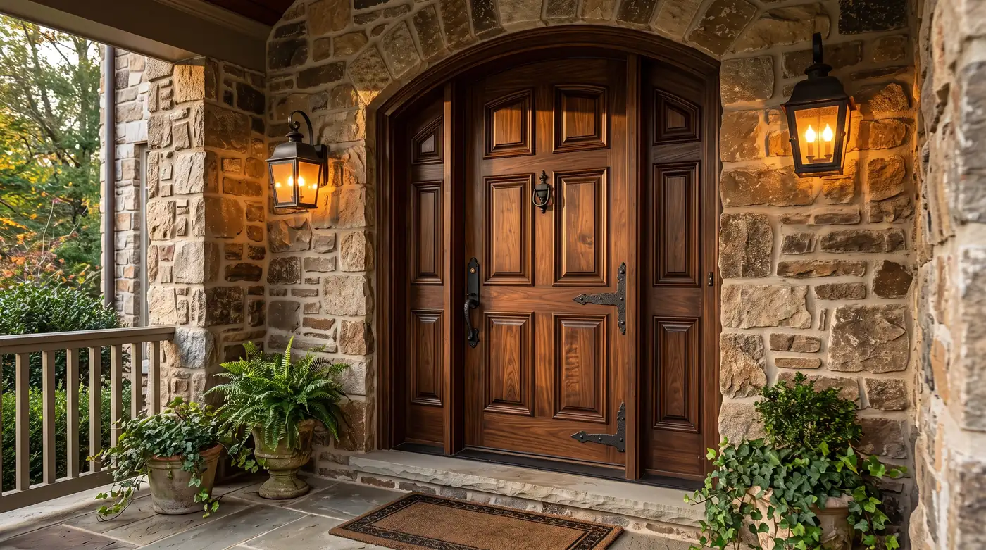 A solid stained walnut wood entry door with a deep paneled design and black iron hardware on a classic stone porch, warm light