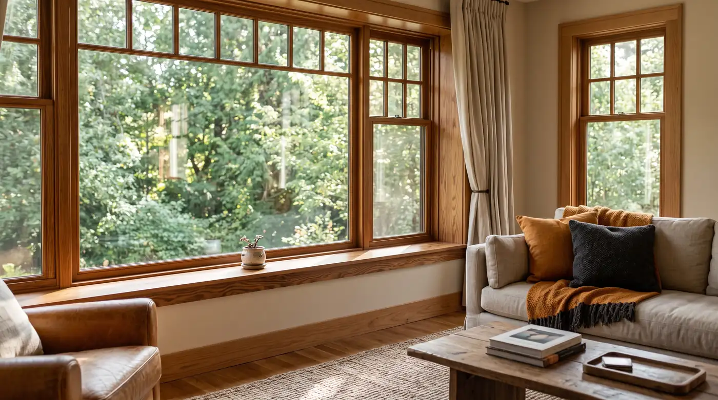 A warm living room interior with beautiful stained wood-interior windows with divided lites, soft light across a wood sill and a view of green trees outside